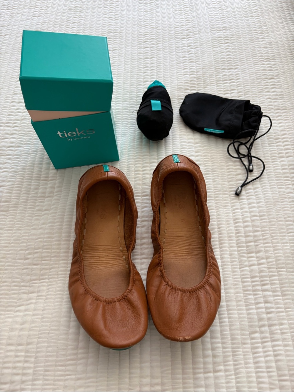 Tieks Brown Leather Ballet Flats with Turquoise Accents-size 8